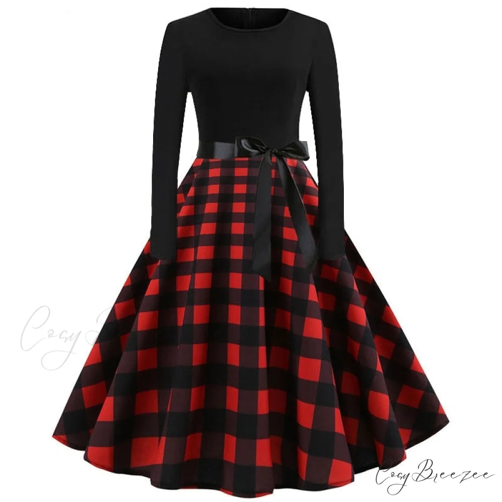 Swing 50S Gown Black Vintage 60S Plus Pinup Winter Arm Women Christmas Party Long Size Print A008 / S