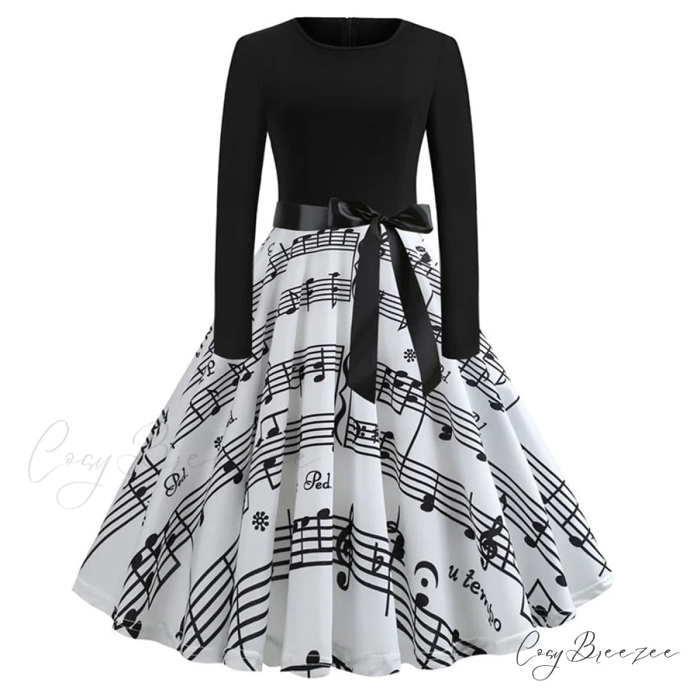 Swing 50S Gown Black Vintage 60S Plus Pinup Winter Arm Women Christmas Party Long Size Print E001 / S