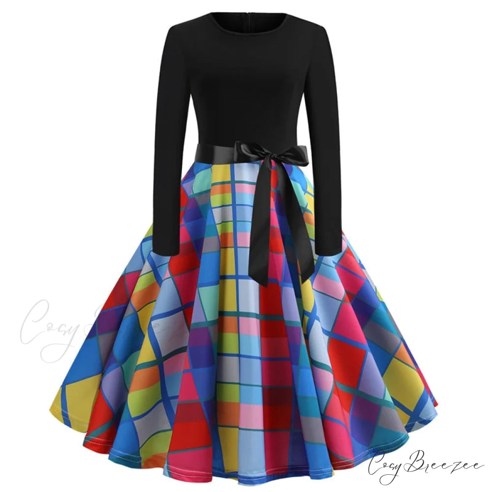 Swing 50S Gown Black Vintage 60S Plus Pinup Winter Arm Women Christmas Party Long Size Print E002 / S