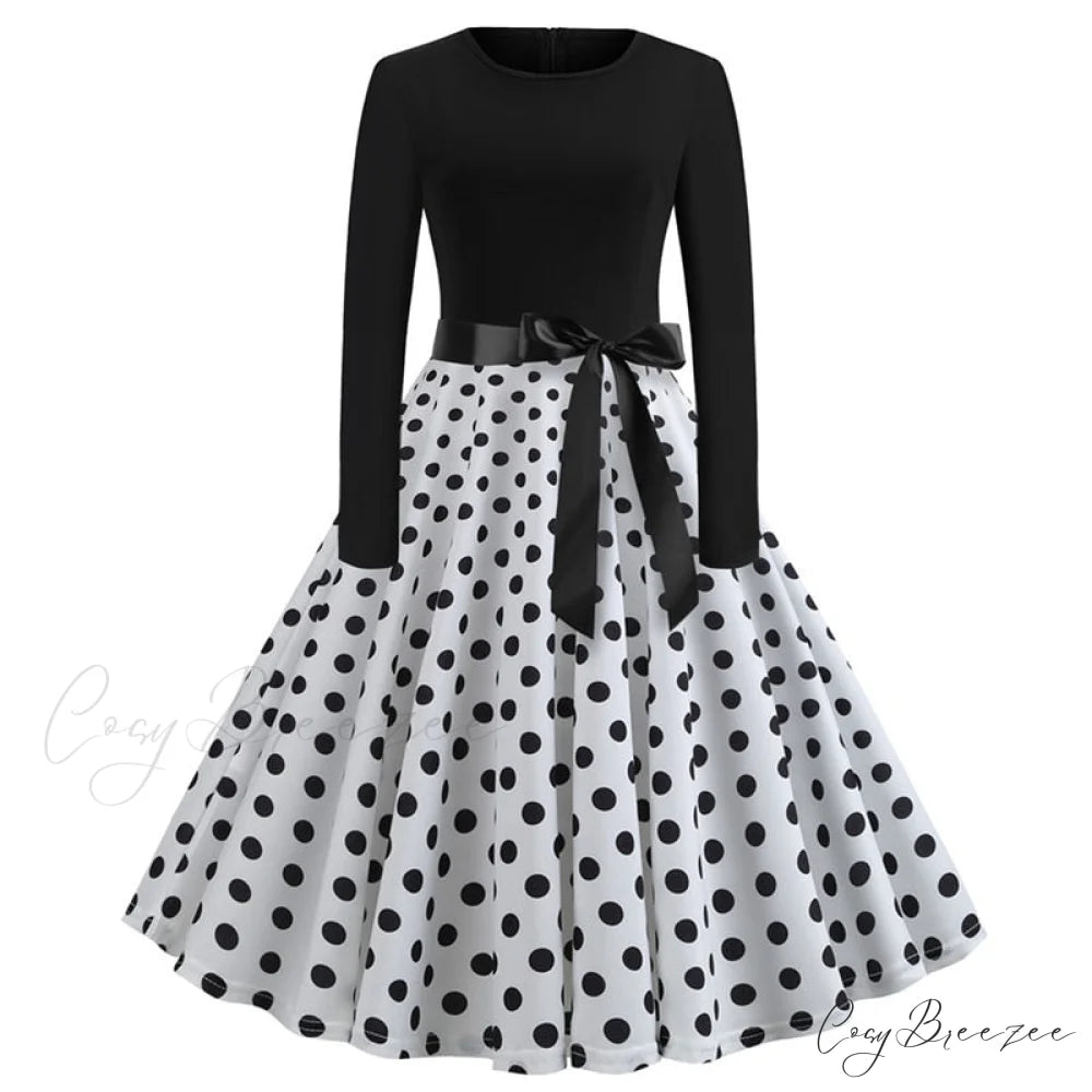 Swing 50S Gown Black Vintage 60S Plus Pinup Winter Arm Women Christmas Party Long Size Print E004 / S