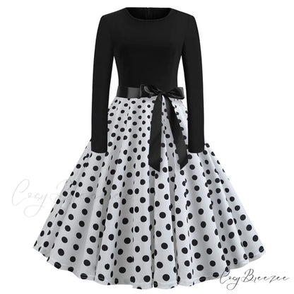 Swing 50S Gown Black Vintage 60S Plus Pinup Winter Arm Women Christmas Party Long Size Print E004 / S