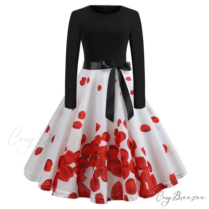 Swing 50S Gown Black Vintage 60S Plus Pinup Winter Arm Women Christmas Party Long Size Print E005 / S