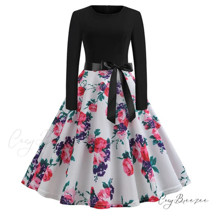 Swing 50S Gown Black Vintage 60S Plus Pinup Winter Arm Women Christmas Party Long Size Print E006 / S