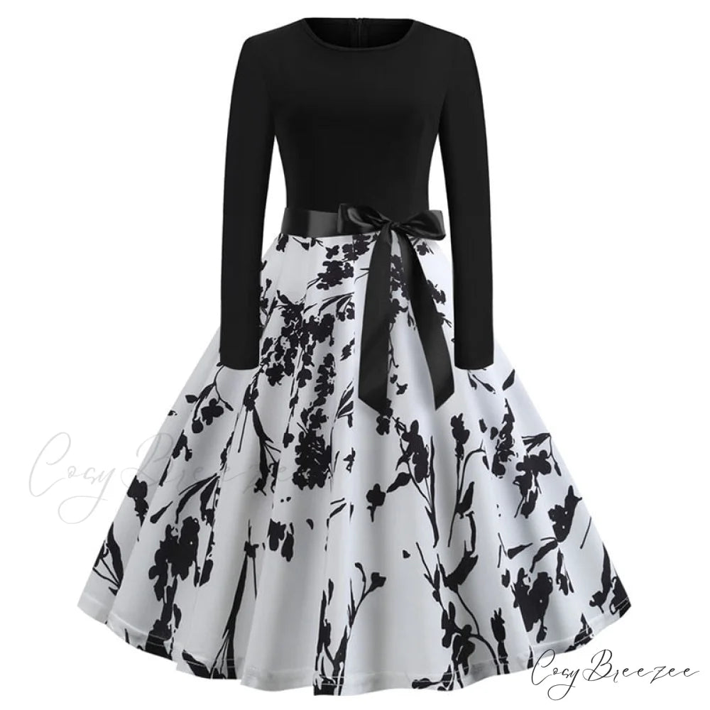 Swing 50S Gown Black Vintage 60S Plus Pinup Winter Arm Women Christmas Party Long Size Print E007 / S