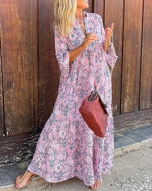 Swing V-Neck Dress with Print Pink / S