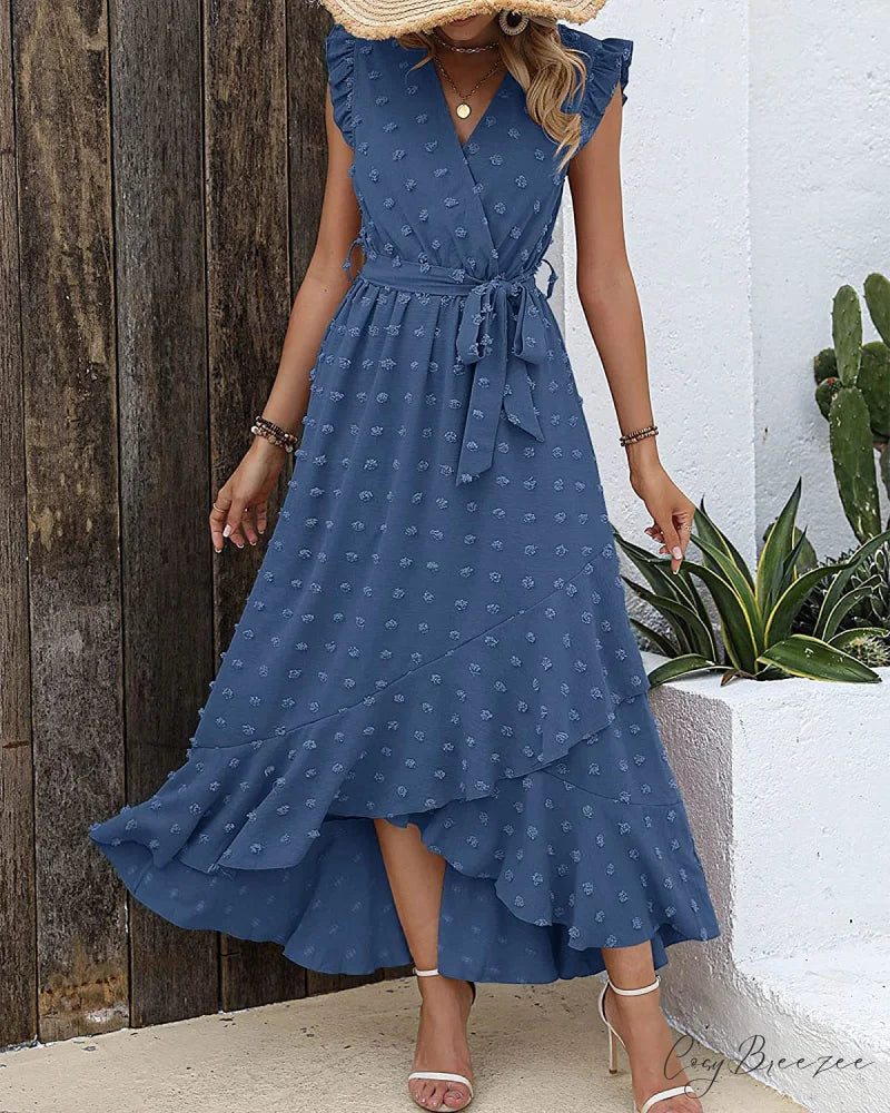 Swiss Dot Cap Sleeve Knot Front Dress in Yellow M / Yellow