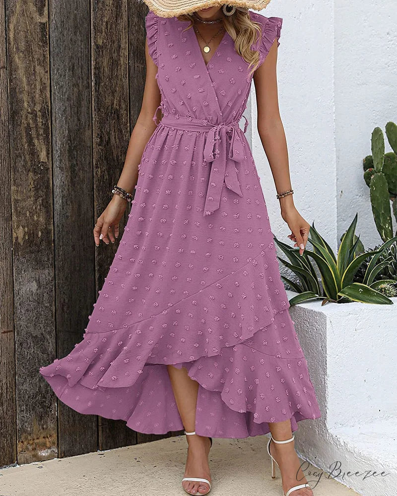 Swiss Dot Cap Sleeve Knot Front Dress in Yellow M / Purple