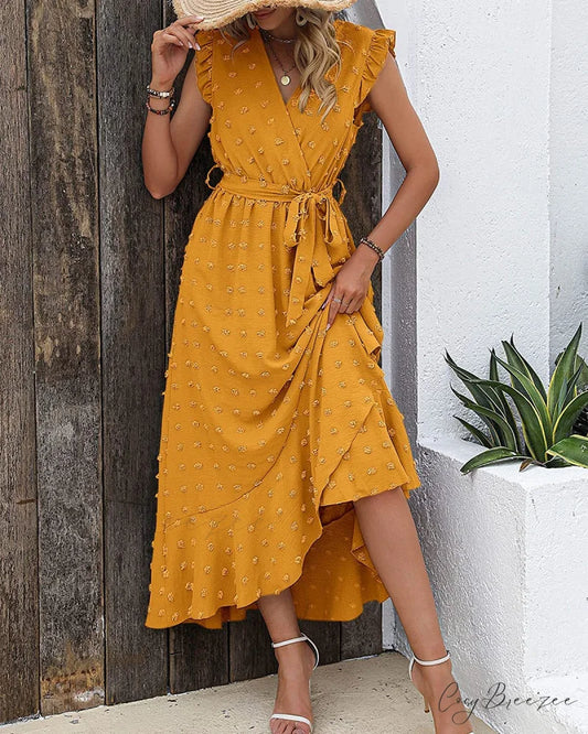 Swiss Dot Cap Sleeve Knot Front Dress in Yellow S / Green