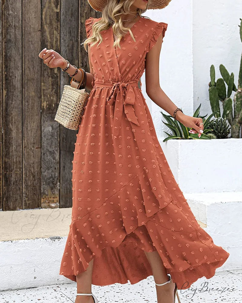 Swiss Dot Cap Sleeve Knot Front Dress in Yellow S / Orange