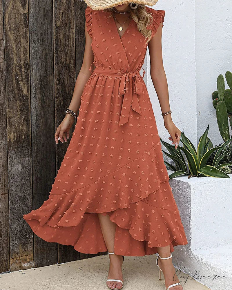 Swiss Dot Cap Sleeve Knot Front Dress in Yellow S / Pink