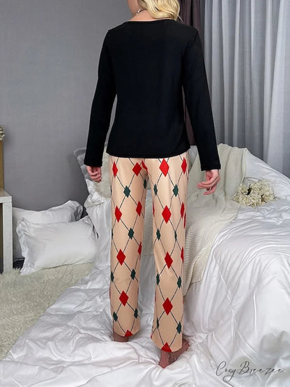 T-shirt and Loungewear - Women’s Neck Santa Crew Letter Arm Long Claus Set Pant