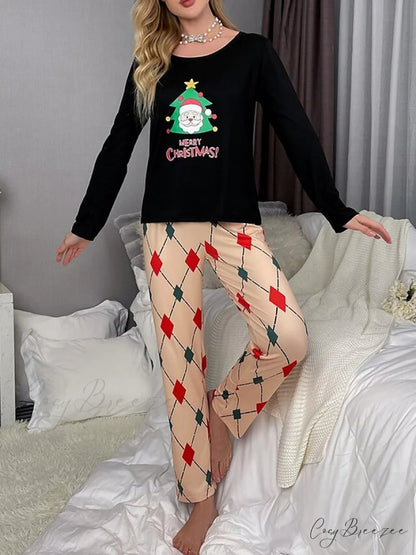 T-shirt and Loungewear - Women’s Neck Santa Crew Letter Arm Long Claus Set Pant