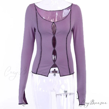 T-Shirt Arm Long for Hollow Top O-Neck Spring Casual Solid Out Women