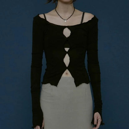 T-Shirt Arm Long for Hollow Top O-Neck Spring Casual Solid Out Women black / M
