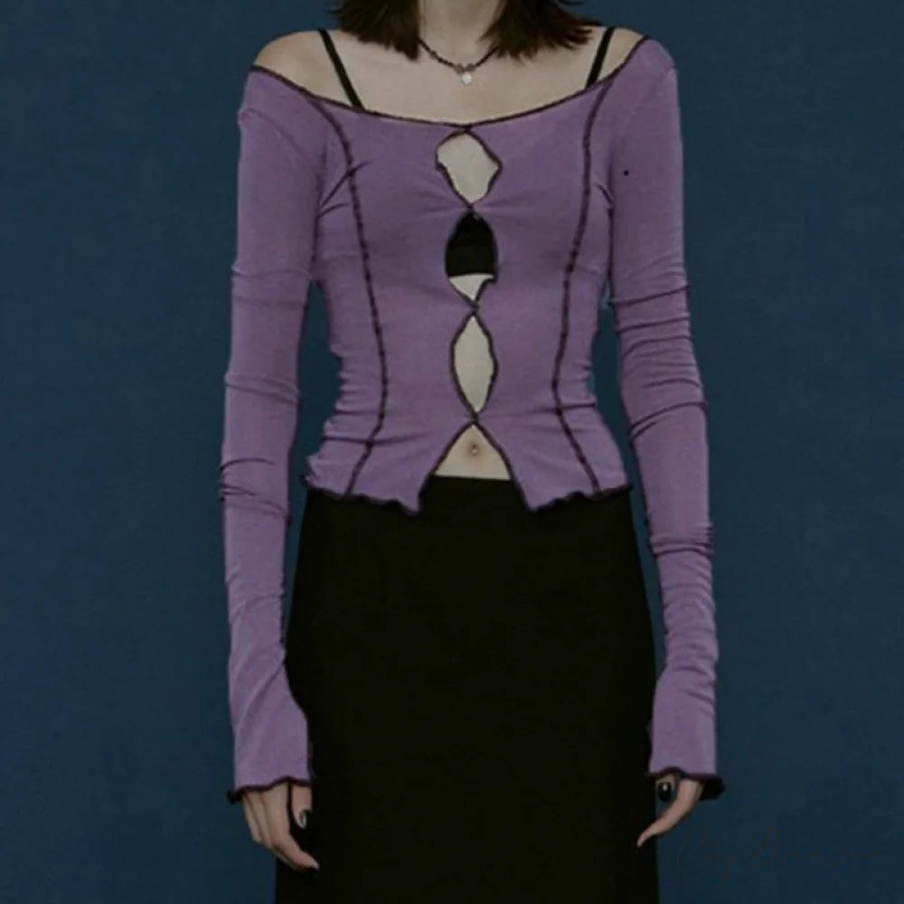 T-Shirt Arm Long for Hollow Top O-Neck Spring Casual Solid Out Women Purple / S