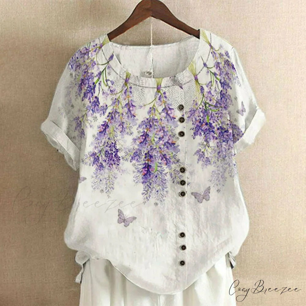 T-Shirt Casual with Lavender Print Purple / S