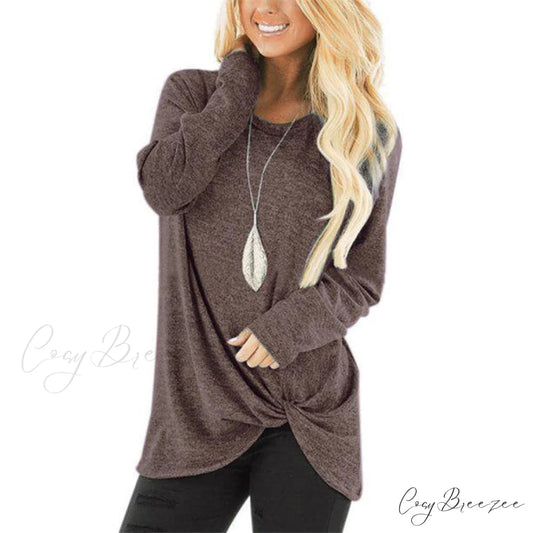T-Shirt for Solid Arm Long Casual Women Coffee / S