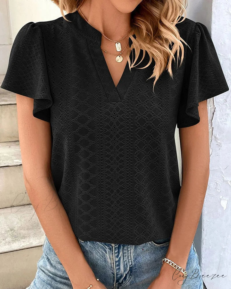 T-shirt Ruffle with V-neck Sleeves Black / S