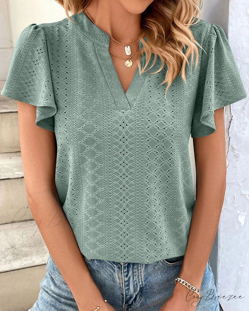 T-shirt Ruffle with V-neck Sleeves Green / S
