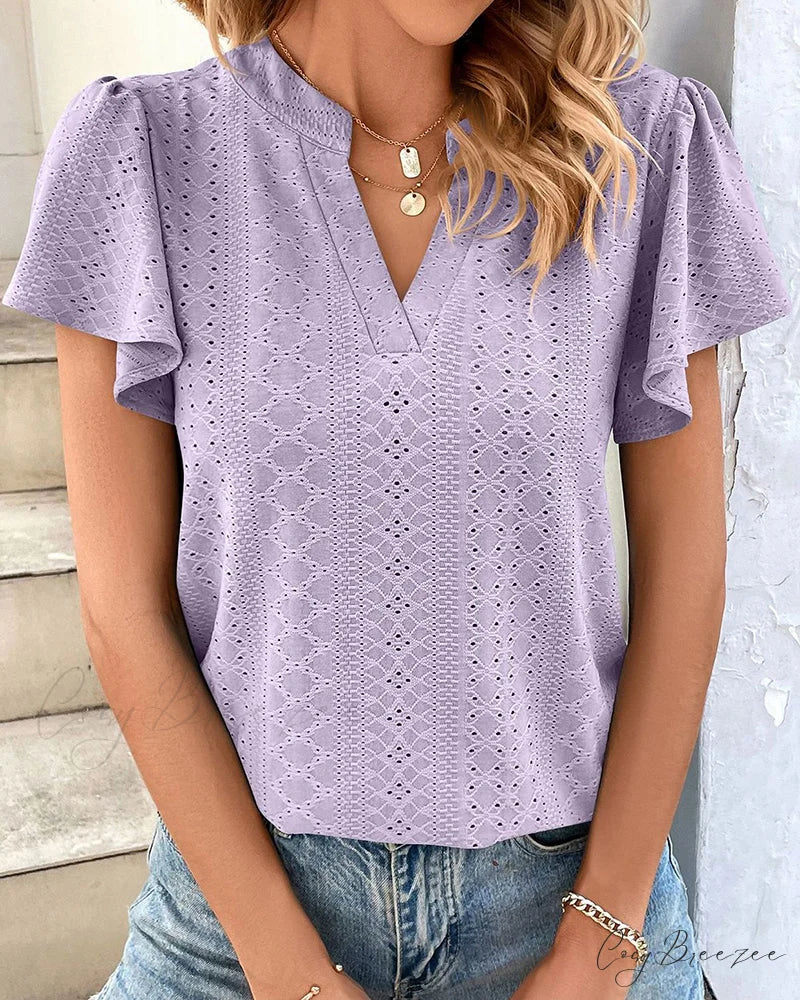 T-shirt Ruffle with V-neck Sleeves Purple / S