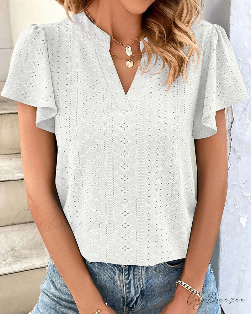 T-shirt Ruffle with V-neck Sleeves White / S