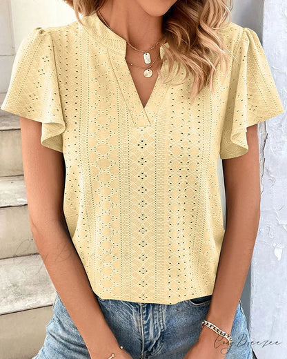 T-shirt Ruffle with V-neck Sleeves Yellow / S