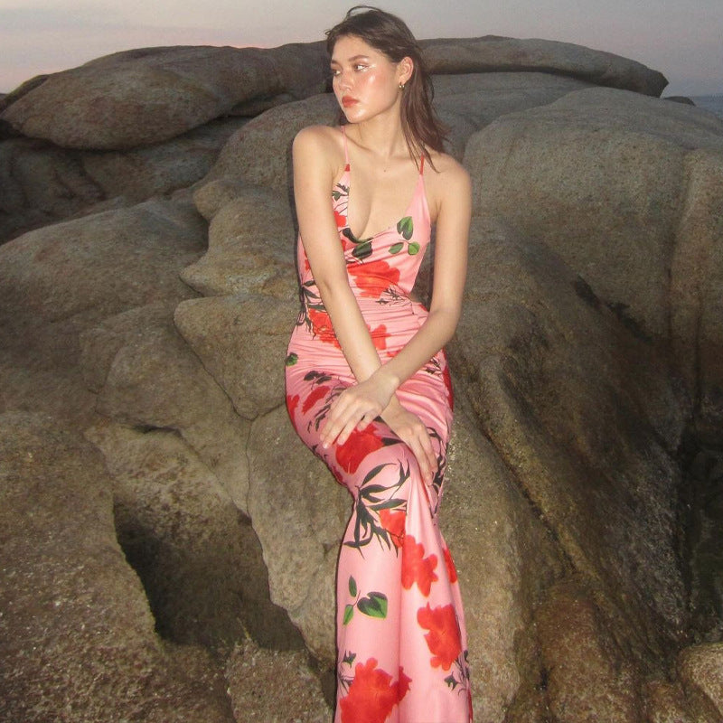 Carmen Backless Floral Print Slip Maxi Dress