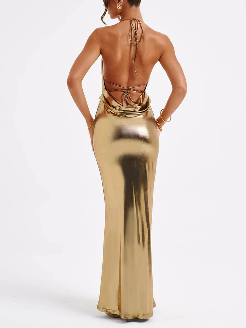 Spring Swing Collar Glossy Graceful Metallic Backless Maxi Dress