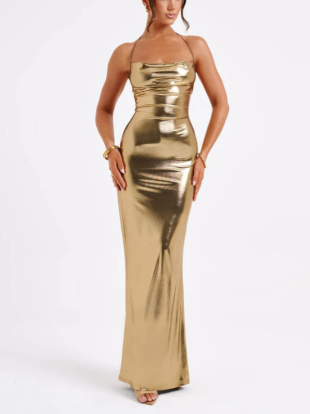 Spring Swing Collar Glossy Graceful Metallic Backless Maxi Dress