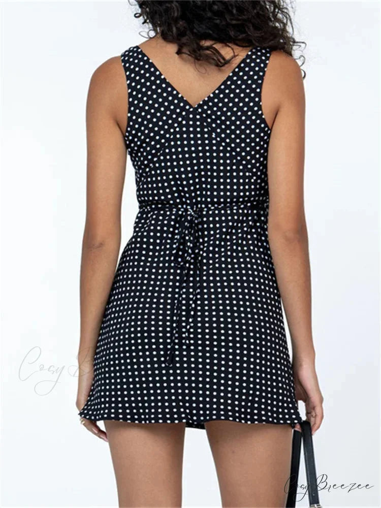 Tank Sleeveless Deep V Neck Dot Print Casual Mini Dress