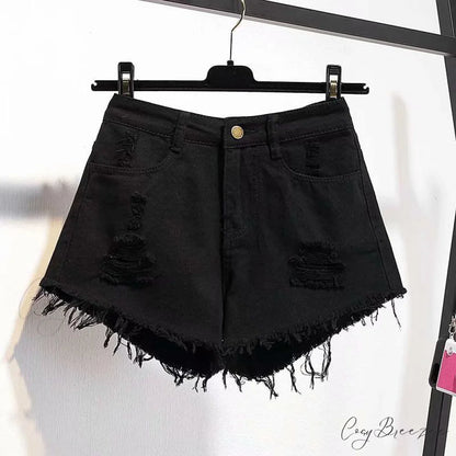 Tassel Detail Shorts Waist High and Denim with for Pockets Women 524black / S 42kg- 47kg