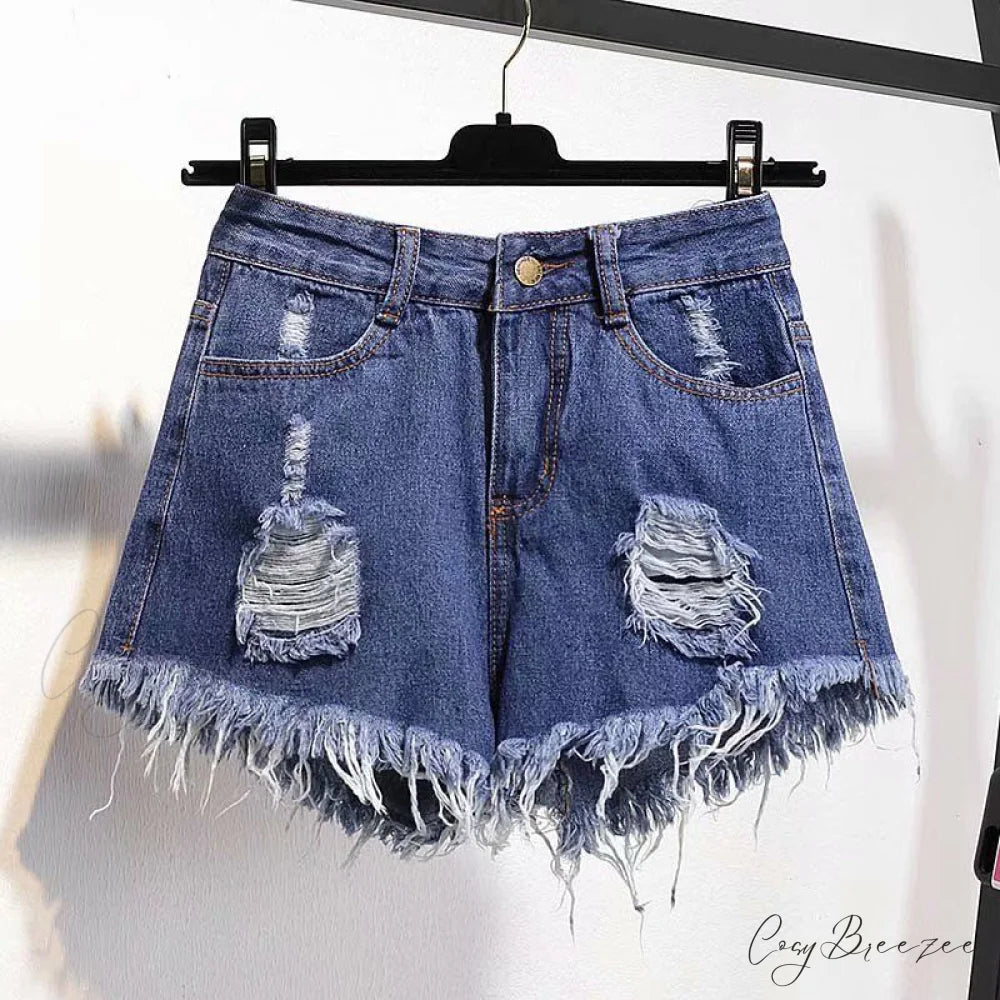 Tassel Detail Shorts Waist High and Denim with for Pockets Women 524Dark Blue / S 42kg- 47kg