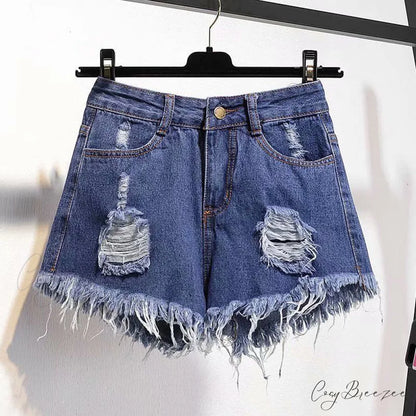 Tassel Detail Shorts Waist High and Denim with for Pockets Women 524Dark Blue / S 42kg- 47kg