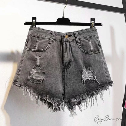Tassel Detail Shorts Waist High and Denim with for Pockets Women 524Dark gray / S 42kg- 47kg