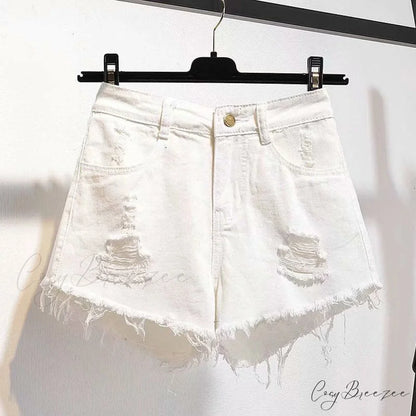 Tassel Detail Shorts Waist High and Denim with for Pockets Women 524White / S 42kg- 47kg