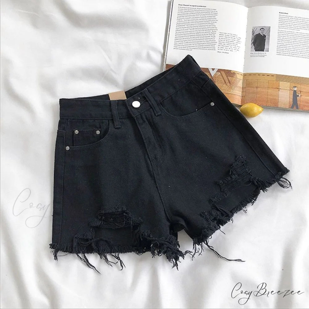Tassel Detail Shorts Waist High and Denim with for Pockets Women Black / S 42kg- 47kg