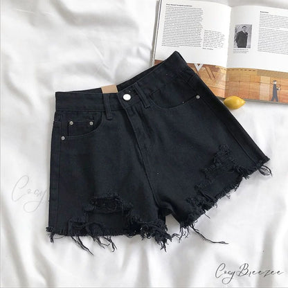 Tassel Detail Shorts Waist High and Denim with for Pockets Women Black / S 42kg- 47kg