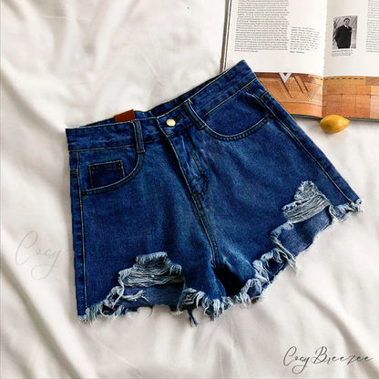 Tassel Detail Shorts Waist High and Denim with for Pockets Women Dark Blue / S 42kg- 47kg