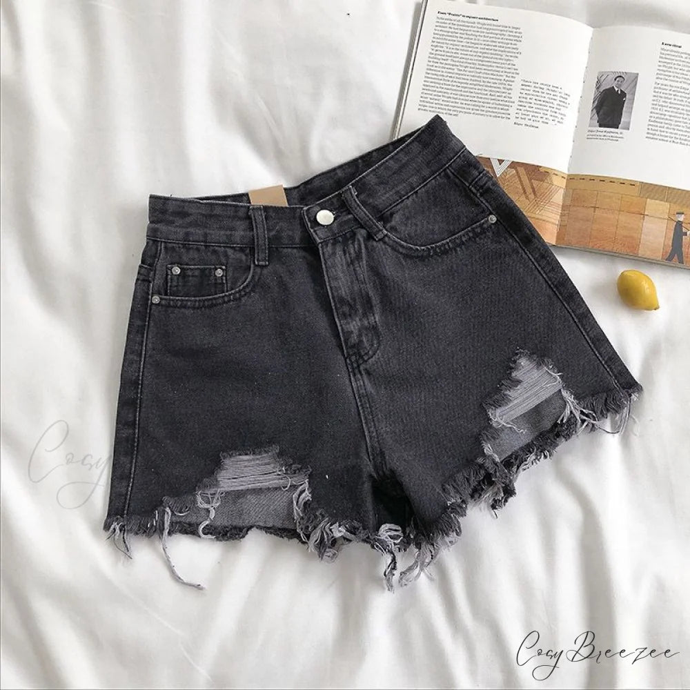 Tassel Detail Shorts Waist High and Denim with for Pockets Women Dark gray / S 42kg- 47kg