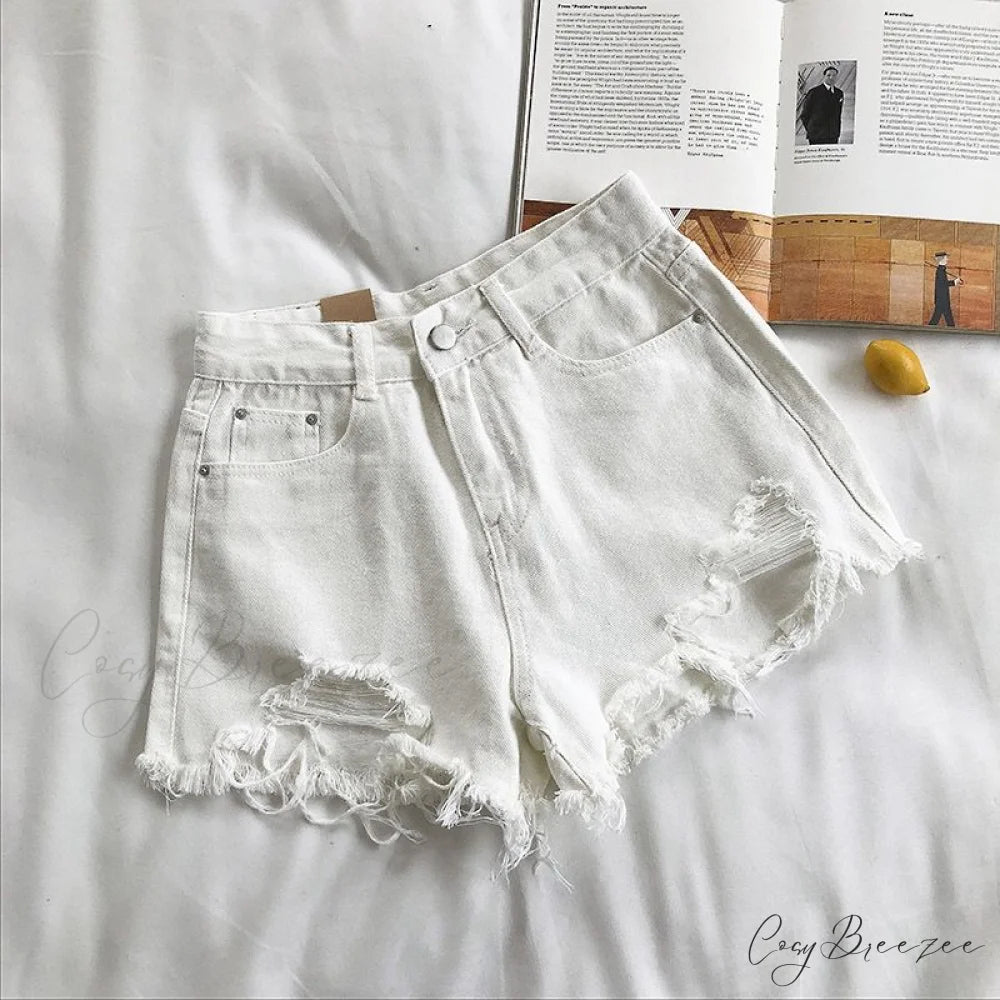 Tassel Detail Shorts Waist High and Denim with for Pockets Women White / S 42kg- 47kg