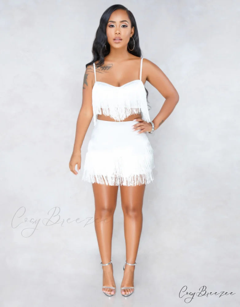 Tassel Embroidery 2 Piece Spaghetti Straps Crop Top M / White