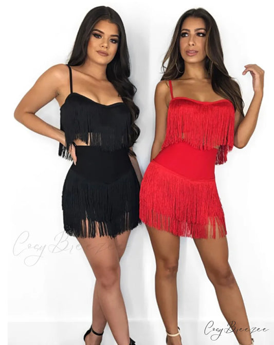 Tassel Embroidery 2 Piece Spaghetti Straps Crop Top S / White