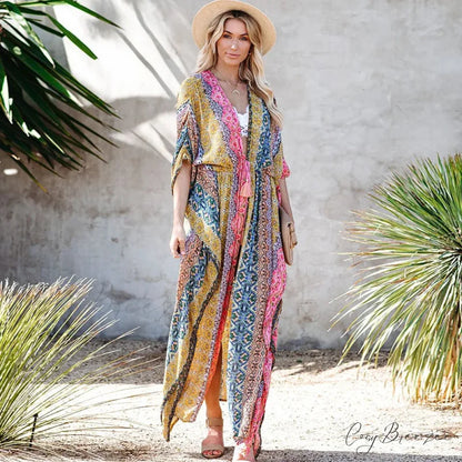 Tassel Lace Kimono Cotton Printed Bikini Cover Up floral print / One Size bohocoverup-250126