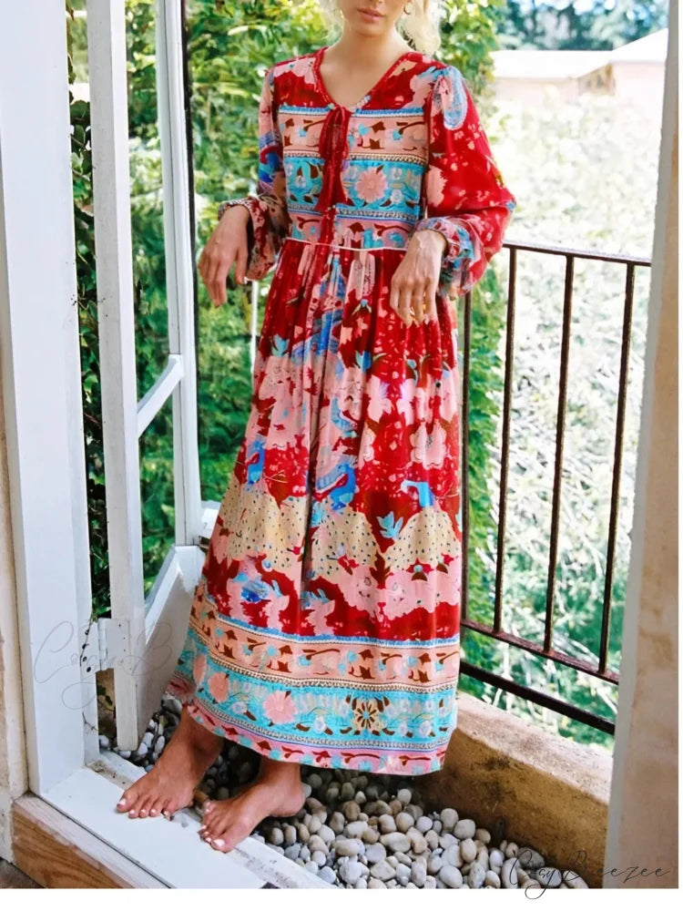 Tassel Red Floral Print Rayon Cotton Pleated Long Maxi Sundress Green / S bohodress-250126