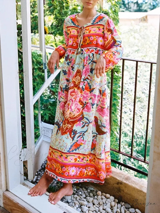 Tassel Red Floral Print Rayon Cotton Pleated Long Maxi Sundress Red / S bohodress-250126
