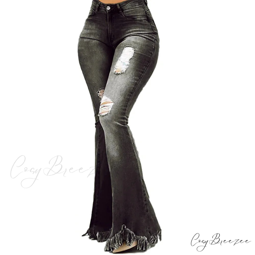 Tassel Ripped Skinny Full Length Vintage Denim Jean Black / S