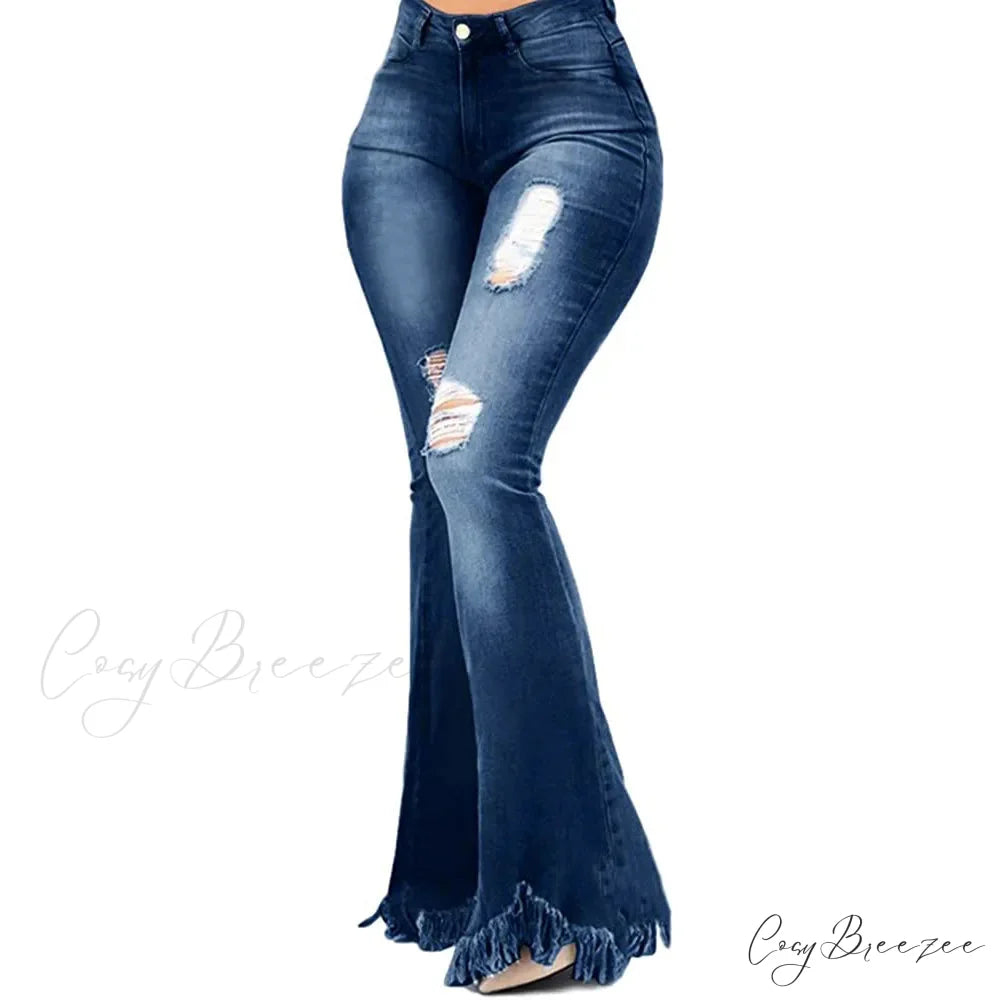 Tassel Ripped Skinny Full Length Vintage Denim Jean Dark Blue / S