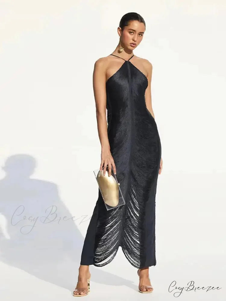 Tassel Shinny Halter Off Shoulder Party Dress