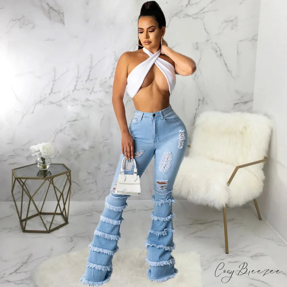 Tassel Thousand Layers Flared Design Light Blue Ripped Fashion Wide Leg Ladies Jean Light blue / S