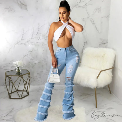 Tassel Thousand Layers Flared Design Light Blue Ripped Fashion Wide Leg Ladies Jean Light blue / S